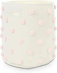 Pink 17.5" D x 20.8" H Pom Pom Basket Bin Large Cotton Canvas Laundry Hamper Baby Girl Laundry Basket Storage, Baby Nursery Hamper for Nursery Playroom Home Room Organizer Decor
