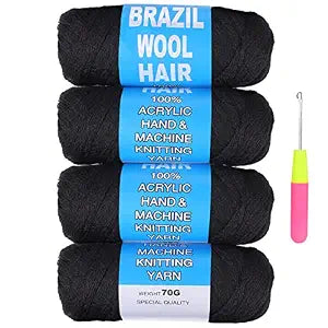 COOKOO 4 Roll Natural Black Brazilian Wool Hair for African Crochet Braids Senegalese Twist Soft Faux locs Jumbo Braids Goddess Locs Synthetic Hair Extensions for Women 70G/Roll(1B#)