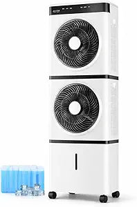 Dual Fans 3-IN-1 Evaporative Swamp Cooler, Portable Tower Fans that Blow Cold Air, 2L Water 2 Modes, 3 Speeds,12H Timer, 4 Ice Packs & 4 Wheels, 45┬░Oscillation, 35ft/s Velocity Quiet for Room Office