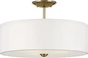 KICHLER Shailene 11.5" 3-Light Small Round Semi Flush with White Fabric Shade and Clear Satin Etched Diffuser in Natural Brass for Secondary Entrances, Bedroom or Office, 43692NBR