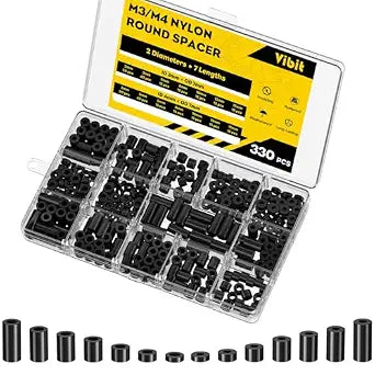 Vibit 330 Pcs M3/M4 Nylon Spacers for Screws, ID 3 mm/4 mm & OD 7 mm, 10 Lengths  2 mm 3 mm 5 mm 8 mm 10 mm 12 mm 15 mm, Non-Threaded Plastic Spacers, Nylon Round Spacers for M3 M4 Screws, Black