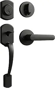 Black Front Door Handle and Deadbolt Set, Exterior Door Lock Sets with Single Cylinder, Heavy Duty Entry Front Door Lock Set Modern Style Handleset Reversible