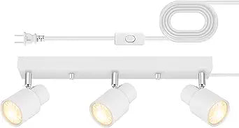 Plug-in Track Lighting LED, Track Light Fixtures Ceiling, White 3-Light Ceiling Lights for Kitchen, 3 Way Spotlight with Cord, Rotatable Wall Mount Light Head for Bedroom Hallway, Bulb Not Included