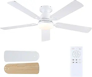 Mpayel 52 Inch Ceiling Fans with Lights and Remote, White Ceiling Fan with Light Flush Mount, Low Noise, Reversible, Dimmable, Modern Low Profile Ceiling Fan with Light for Bedroom Indoor Outdoor