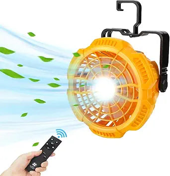 YEX-BUR Fan for Dewalt 20v Battery, Portable Ceiling Fan with Hanging Hook, Remote, LED Light, Cordless Fan Outdoor Indoor Used for Camping, Tent, Jobsite