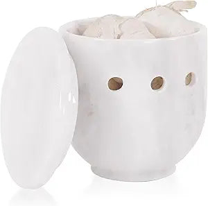 Marble Garlic Keeper for Counter 4.5 Inch White Handmade Garlic Holder for Fresh Garlic Cloves, Storage Container for Gifts, Garlic Saver for Kitchen Countertop Decor