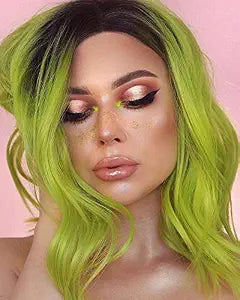 G&T Wig Green Bob Wavy Wigs for Women Lime Green Wig Middle Part Heat Resistant Party Halloween Cosplay Costume Wig(14 inch, ombre green)
