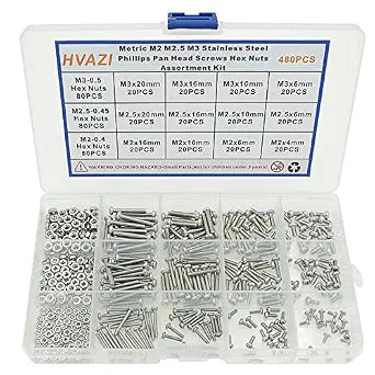 480PCS M2 M2.5 M3 304 SS Phillips Pan Head Machine Screws & Nuts Kit