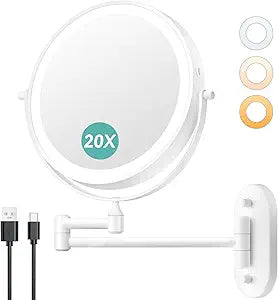 Auxmir 8'' Wall Mounted Lighted Makeup Mirror, 3200mAh Rechargeable Double-Sided 1X/20X Magnifying Mirror with Light, Touch Dimmable 3 Color Light, 360 Rotation Foldable Extended Arm, White