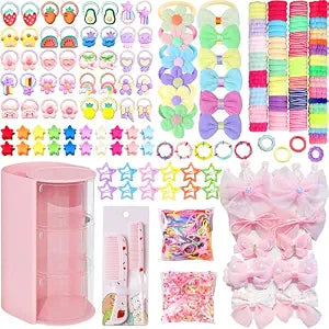 900Pcs Hair Accessories for Girls with 3-Tier Pink Organizers,Ties, Clips