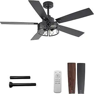 FELCO 52" Ceiling Fan with Lights and Remote, Modern Farmhouse Fan with Black/Walnut Blades,Reversible Quiet DC Motor, 6-Speed Airflow, E12 Base, Downrod Mount for Living Room Bedroom Covered Outdoor