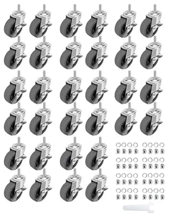 Caster Wheels, 3" Locking Swivel Stem Casters Set with Brake of 32, 3/8"-16 x 1 (Screw Diameter 3/8", Length 1") Rubber Castors with 360 Degree No Noise Wheels