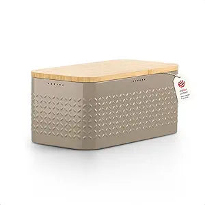 LARS NYSM Bread Box I Metal bread box for long lasting freshness with non-slip pads I Baked goods Bin with bamboo lid usable as cutting board I 13.6x7.3x6.2in (Taupe Brown)