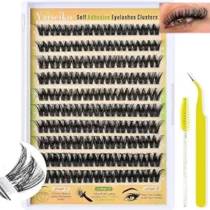 Self Adhesive Lash Clusters Fluffy Eyelash Extensions Kit with Tweezers No Glue Needed Individual Cluster Lashes 10-16MM C Curl Pre Glued No residue Cluster Lashes by Yaiseiko(Clear Band)