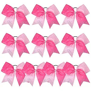 DEEKA 10 PCS Rhinestones Two Toned Large Cheer Hair Bows 7" Glitter Cheer Ponytail Holder Handmade for Teen Girls Softball Cheerleader Sports -Light Pink/Hot Pink