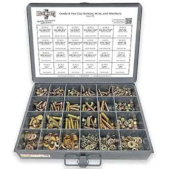 Grade 8 Hex Cap Bolts Screws, Nuts, Washers, Lock Washers Assortment Kit - 574 Pieces!
