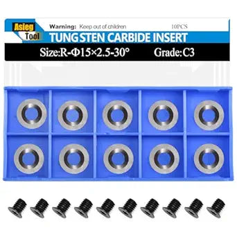 Asieg Tool 15x2.5mm-30 Round Carbide Inserts Cutters Knifes Indexable Replacement Blades with Screws Fits for Full Pro Size Popular DIY Wood Turning Finisher Hollower Lathe Tools 10pcs