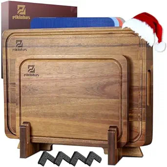 Cutting Boards Large Set of 7, Acacia Wood Charcuterie Chopping Board for Kitchen with Holder Non Slip Feet, Plastic Serving Board Mats, Juice Groove, Reversible Butcher Block for Meat Cheese Bread
