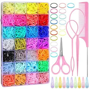 auroray 28 Colors Rubber Bands for Hair, 1500 Pcs Elastic Hair Ties Mini Hair Rubber Bands with 4 Hair Styling Tools 10 Hair Clips Toddler Hair Accessories for Baby Girl Kids