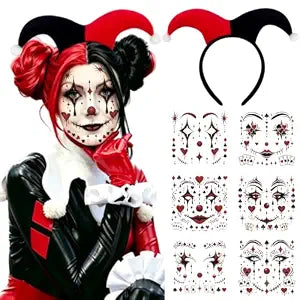 Glitter Clown Face Makeup Tattoos Stickers Set Jester Hair Band Halloween Horror Gothic Cosplay Face Paint Kit for Day of Dead Carnival Party Festival Outfits Accessories (Black and Red)
