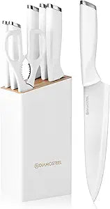White Knife Set with Block, 7 Pieces Small Knife Block Set with Stainless Steel Blade Ergonomic Handle, Kitchen Knives Set Gifts for Chef