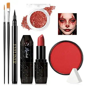 Red Face Body Paint With Matte Lipstick & Eyeliner & Eyeshadow Set for Glitter Clown Makeup, Full-Coverage Face Paint Kit for Joker Costumes Cosplay Parties SFX Halloween Makeup Kit