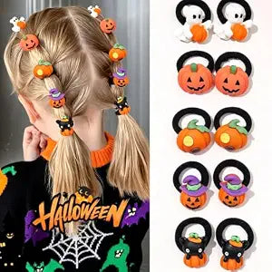 Halloween Hair Ties 10Pcs Kids Ghost Pumpkin Black Cat Hair Rubber Bands