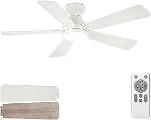 QUTWOB Ceiling Fans with Lights, 52 Inch Low Profile Ceiling Fan with Light and Remote Control, Flush Mount, Reversible, 3CCT, Dimmable, Quiet, White Small Ceiling Fan for Bedroom Indoor/Outdoor Use