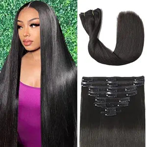 Clip in Hair Extensions Real Human Hair, 100g/3.6oz, Clip in 100% Brazilian Remy Human Hair Extension for Women, Double Weft 8pcs Per Set with 18 Clips 1B Natural Black 16 Inch