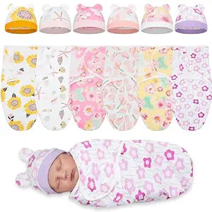 Ramede 6-Pack Preemie Baby Swaddle Blankets with Hats, Breathable 100% Cotton Baby Swaddles, Suitable for Preemie Babies and Newborns, Soft Cotton, Adjustable(Flower,Colorful)