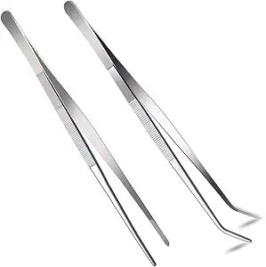 2 Pcs 12 Inch Long Handle Stainless Steel Straight and Curved Tweezers Nippers, Set with Serrated Tips Comfortable Ridged Handle for Garden, Kitchen, Indoors and Outdoors
