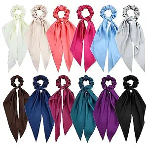Cinaci 12 Pieces Solid Silky Satin Chiffon Hair Ties with Long Ribbon Bow Tail Hair Scrunchies Ponytail Holders Rubber Bands Accessories for Women Girls Teens