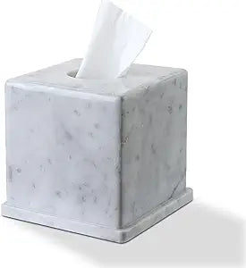 Natural Marble Tissue Box Cover, Carrara White Tissue Organizer 6 x 6 x 5.7 inch, Heavy Stone Decorative Box, Square Tissue Box Holder for Home Decor, Kitchen, Bathroom, Bedroom