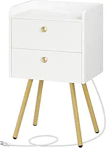 HOOBRO White Nightstand with Charging Station, Modern End Table with 2 Drawers, Stylish Sofa Side Table, Multiple Charging Ports, Metal Legs, for Bedroom, White and Gold DW89UBZ01G1