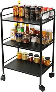 DECOWORLD 3 Tier Premium Metal Rolling Trolley Cart Stand with Wheels Multifunctional Utility Stand with Storage Rack Shelves Space Saving Stand for Kitchen Bathroom Home and Office Black 3 tier black