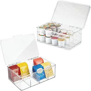 mDesign Plastic Stackable Divided Storage Organizer with Lid for Tea Bags and Coffee Pods in Kitchen Cabinet, Countertop, Ligne Collection, Includes 1 Tea Organizer and 1 Coffee Pod Organizer, Clear