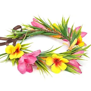 Hawaiian Leis Flower Crown - Artificial Tropical Flower Headpiece Hawaii Floral Headband with Ribbon Lei Luau Dress Up Hair Accessories for Luau Party Costume Beach Pool Vacation Decorations