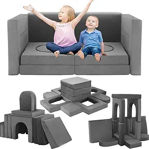 12PCS Modular Kids Play Couch Child Convertible Building Fort Sofa and Cushion DIY Floor Sofa for Playroom Bedroom (Dark Grey)