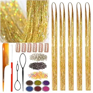Celinebella Metallic Gold Hair Tinsel, 48" 1250 Strands Luxury Shimmer