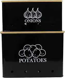 Potato and Onion Storage Bin Set of 2, Vented Metal Vegetable Storage with Wooden Lids, Farmhouse Kitchen Canisters for Countertop Pantry Organizer, Potato Bin Onion Holder for Produce Storage, Black