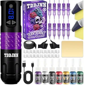 Purple Wireless Tattoo Pen Kit with Ink and Needles for Beginners