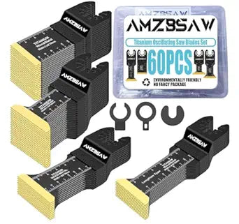 AMZBSAW 60PCS Titanium Oscillating Saw Blades Metal Cutting, 4 Types Multitool Blades Kits for Metal Nails Wood Plastic and Hard Material, Oscillating Tool Blade Fit Milwaukee Dewalt Ryobi Bosch
