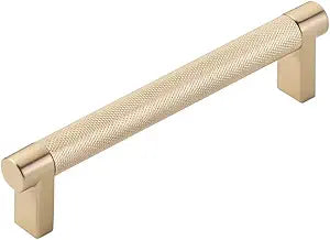Emtek Select Knurled Cabinet Pull with Satin Brass (US4) Stem Finish - Choice of Size - 84054.RECUS4.KNUS4 - Center-to-Center: 5"
