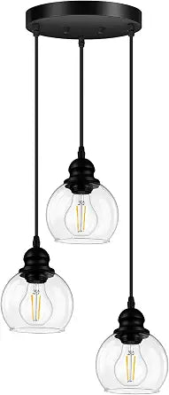 3-Light Pendant Light, Globe Cluster Hanging Light with Clear Glass Shade, Matte Black Pendant Lighting Adjustable Hanging Height Industrial Ceiling Light for Kitchen Island Bedroom(E26 Base,No Bulb)