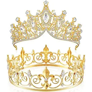 2 Pcs King and Queen Crowns Rhinestone Crystal for Prom Gold