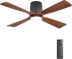 WINGBO 48 inch Flush Mount Ceiling Fan with Lights,Modern Ceiling Fan with Remote,Hugger Ceiling Fans, 4 Wood Blades, Quiet 6-Speed DC Motor Low Profile Ceiling Fan, Matte Black Finish+Walnut Blade