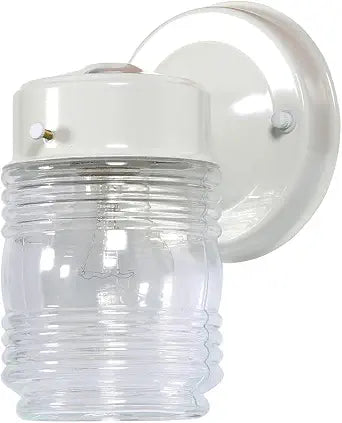 Design House Jelly Jar 1-Light Outdoor Wall Lantern, White Finish, Clear Ribbed Glass, Wet Rated Exterior Porch Light for Patio, Garage, Entryway, Front Door, and Deck, 500181