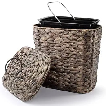 Tidita Wicker Waste Basket - Wicker Trash Can with Lid - Water Hyacinth Bathroom Garbage Can with a Lid - Bathroom Trash Can Boho Style - Removable Liner, Iron Frame (Black, 1.5 Gallons)