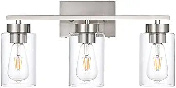 3-Light Bathroom Vanity Light, Modern Brushed Nickel Wall Lights with Clear Glass Shades, Bathroom Wall Sconce Lamp for Mirror Living Room Bedroom Hallway