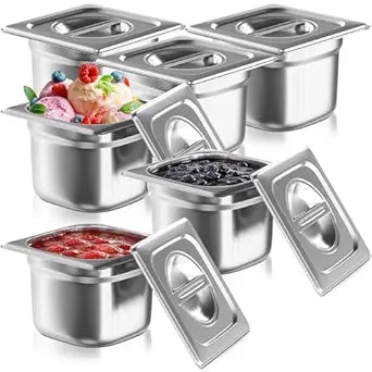 1/6 Size Commercial Hotel Pans 6" Deep (6 Pack), Stainless Steel Steam Table Pans with Lids, Deep Food Storage Containers for Prep Stations, Condiments, Salad Bar Topping, Anti-Jam Lug